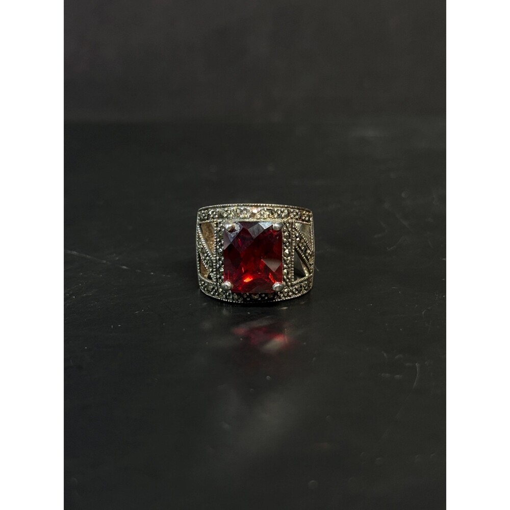 Sterling Silver Garnet Ring Marcasite 925 Cushion Cut Statement Ring Size 7